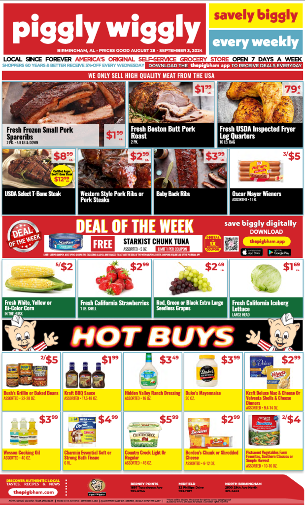 Piggly Wiggly weekly ad for Birmingham, AL, featuring sales on meats, produce, and grocery items. Valid from August 28 to September 3, 2024. Offers include Fresh Frozen Small Pork Spareribs, USDA Select T-Bone Steak, Fresh California Strawberries, and more.